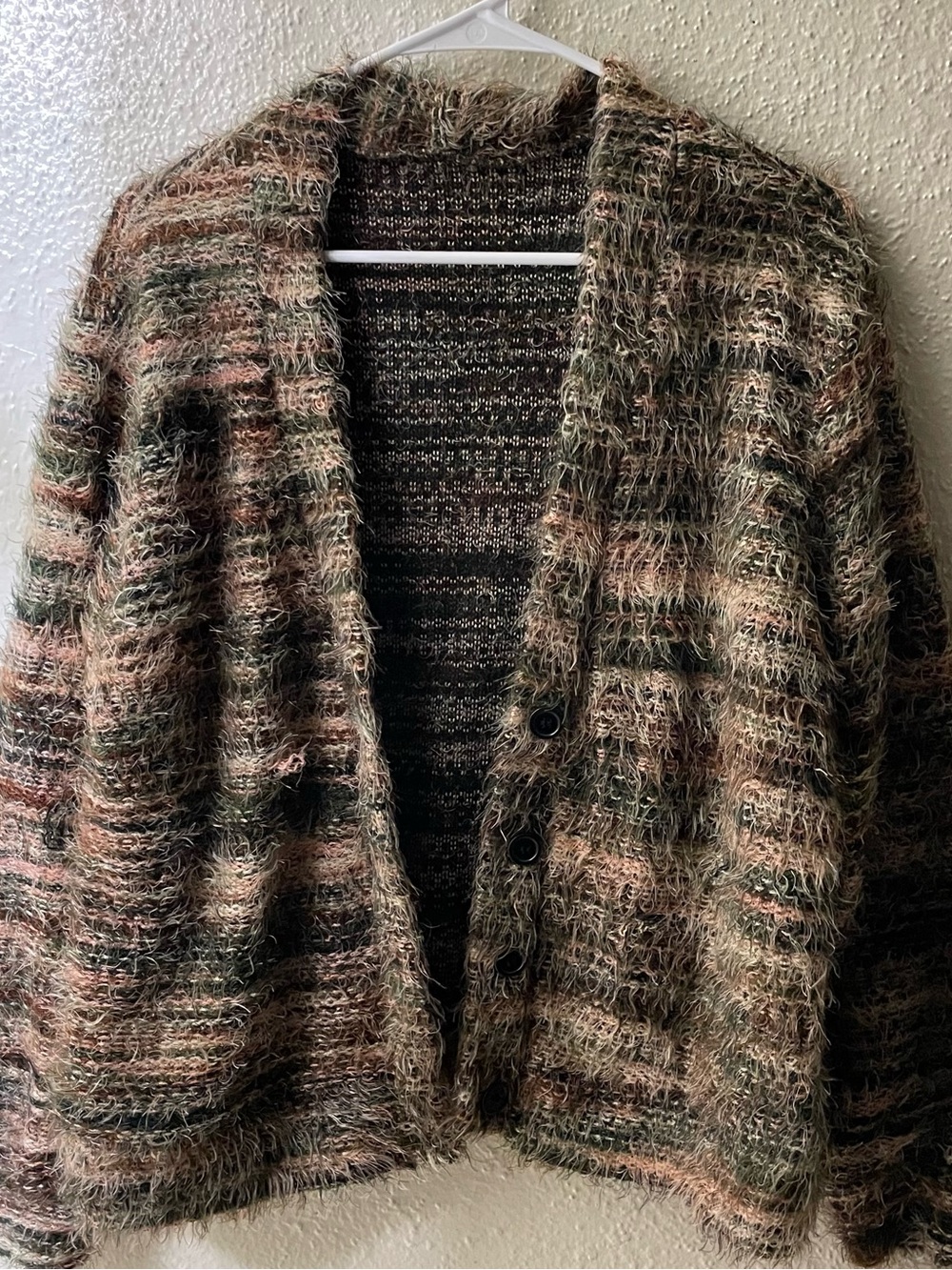 SHEIN Fuzzy Striped Button-Front Cardigan in Brown & Green